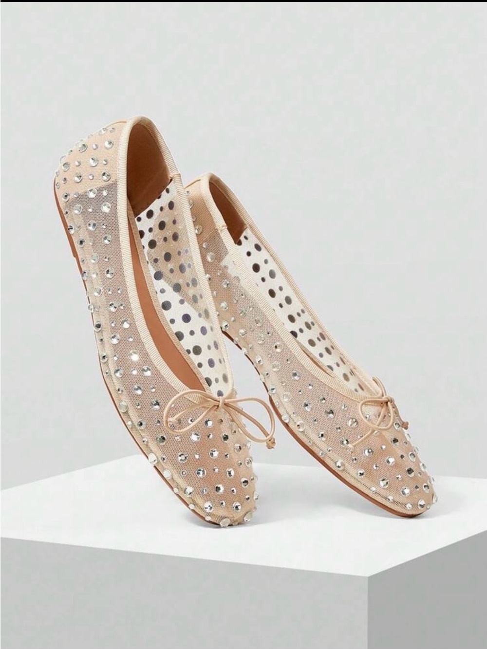 MOTF Blush Nude Crystal-Studded Mesh Ballet Flats with Bow